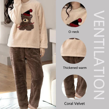 Thickened Warm Large Size Padded Fall and Winter Women's Pajamas Top and Pants Set Coral Velvet Ladies Cartoon Bear 2PCS/Set.