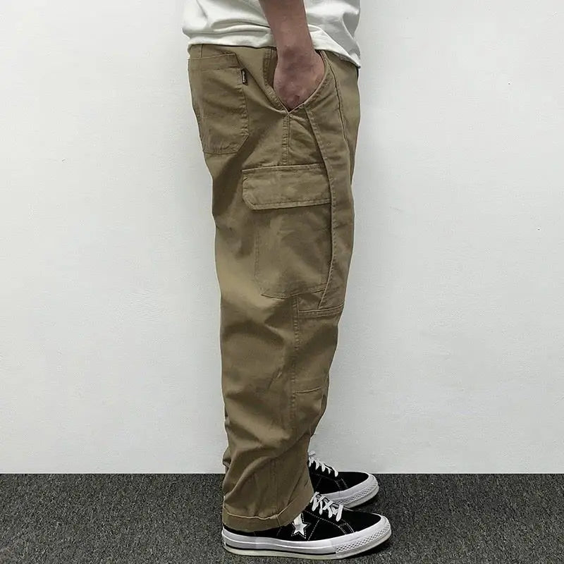 Autumn Men's Pants Multi-Pocket Cargo Pants Retro Solid Color Simple Loose Button Elastic Strap Casual Pants.