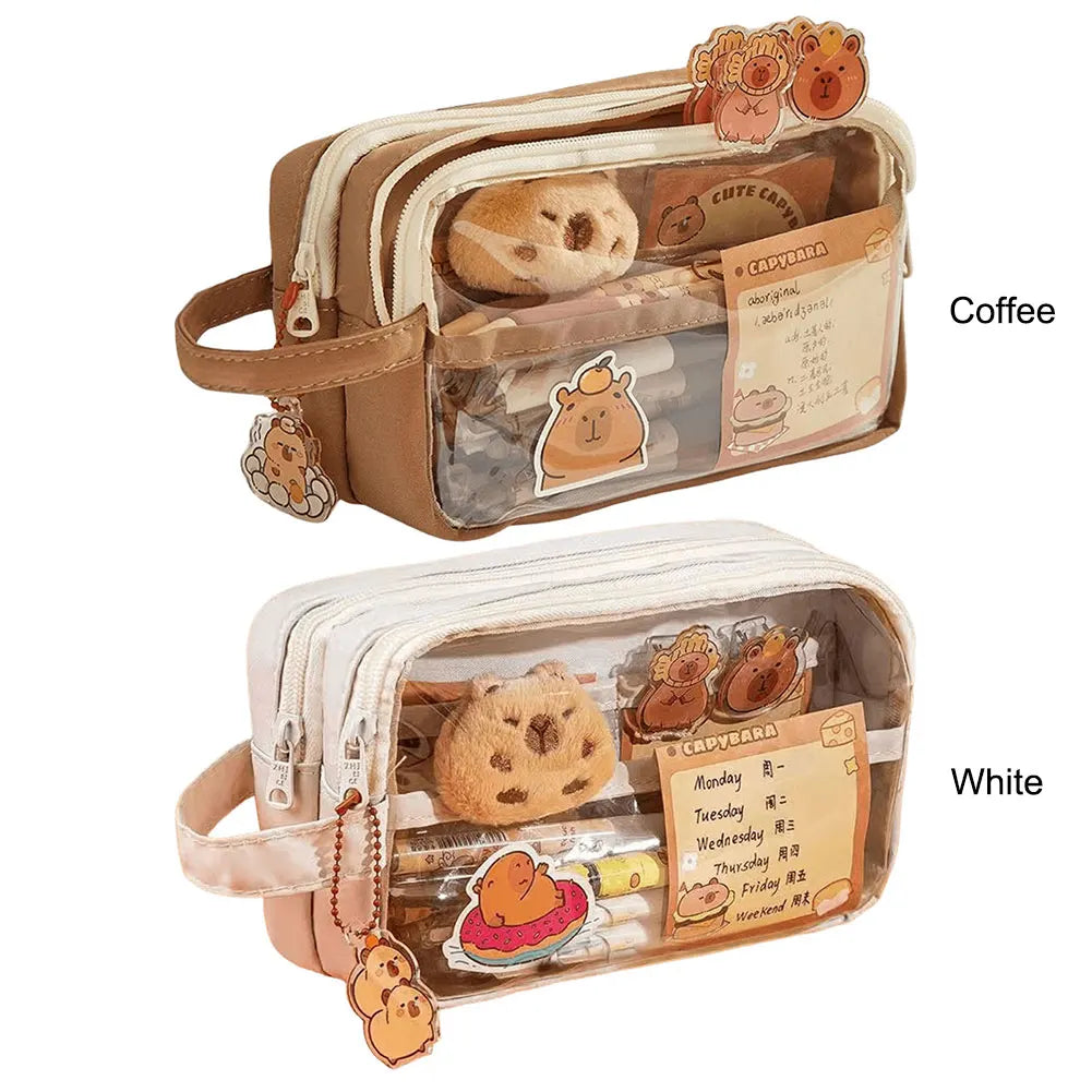 Capybara Kawaii Pencil Case with Compartments Stationary Bag Clear Pen Bag with Sticker Pendant for Office College School.