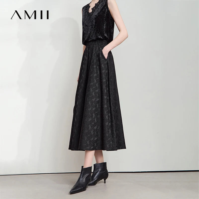 AMII 2025 Arrival Autumn Black A-line Women Skirt  Luxury Style Simple Elegant Elastic Waistband Offcial Lady Blouse 12523037.