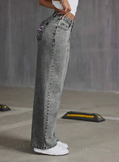 Jean Straight Pants Women Denim Washed Jeans Full Length Mom Embroidery Pockets Loose High Waist Vintage Zipper Fly Spliced.