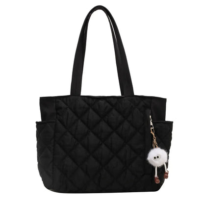 Black Large Capacity Handbag with Square Pattern, Durable Quilted Material, Multiple Pockets for Easy Storage & Cute Plush Charm.