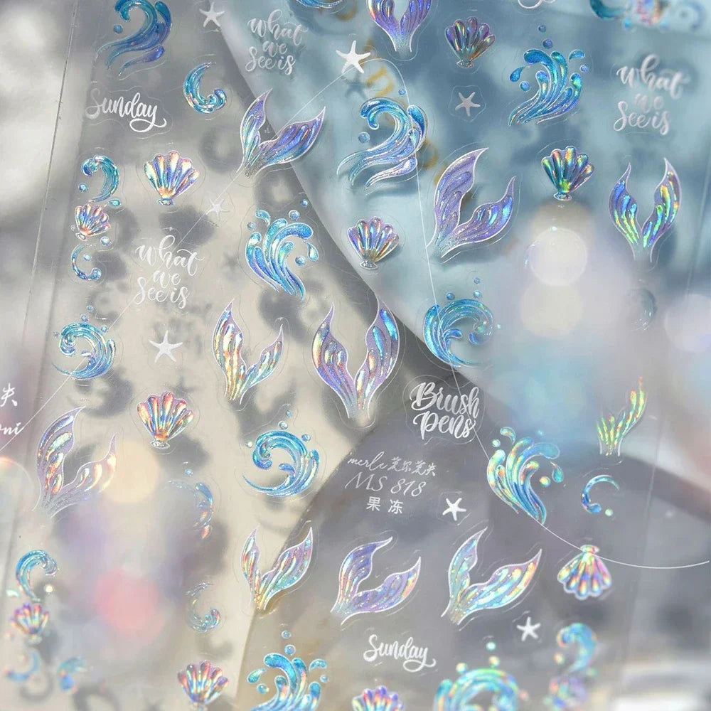 Ocean Theme 5D Nail Sticker Summer Beach Seashells Starfish Conch Scallop Shell Coral Self Adhesive Decoration Manicure Decal