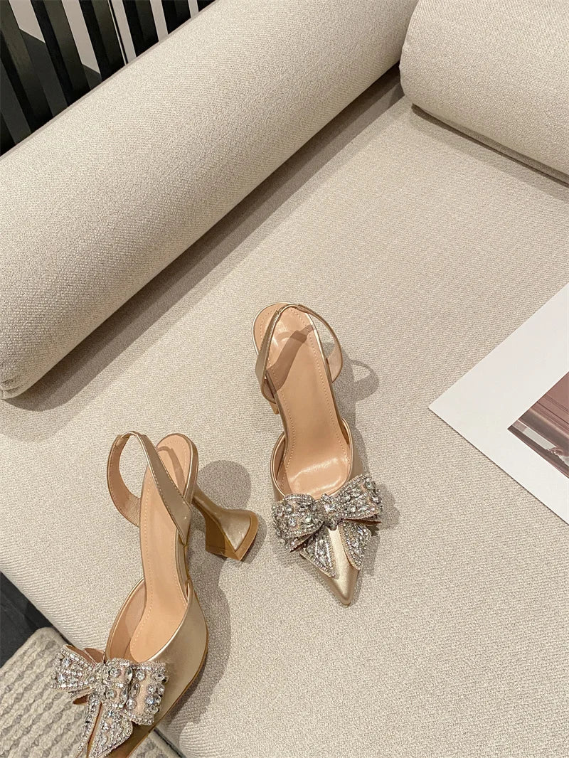 Liyke Spring Summer Fashion Rhinestone Bowknot Women Pumps Sexy Silk Pointed Toe Strange High Heels Party Prom Shoes Gold Silver.