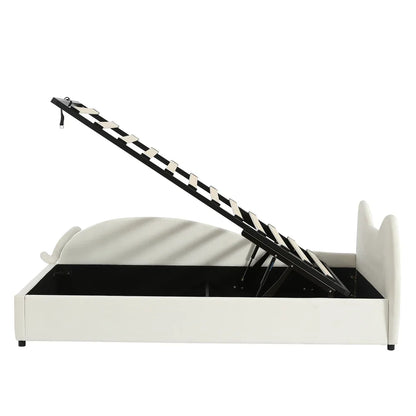 Polsterbett, Einzelbett, süßes Katzendesign, hydraulisches Bett mit Stauraum und Gürtelgriffen, stabiler Gitterrost, 90 x 200 cm