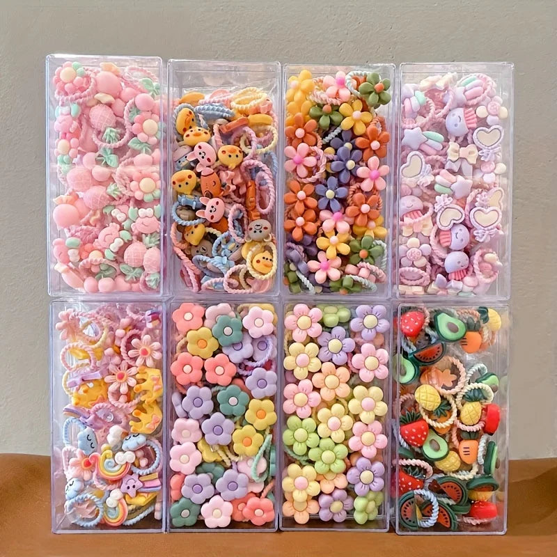30pcs girls high elastic hair band does not hurt hair, cartoon animal flowers and fruit decorative hair band, decorative hair se.