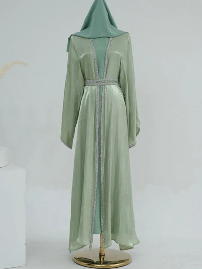 Muslim Abaya for Women Eid Dress 2 Piece Set Diamond Morocco Ramadan Lace-up Abayas Kaftan Islam Cardigan Dubai Arab Long Robe