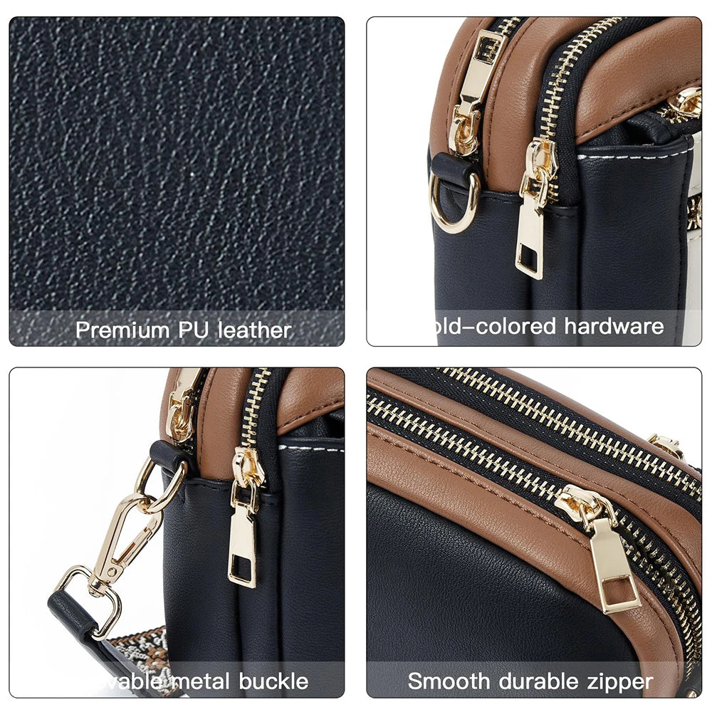 Stylish Wide Strap Shoulder Bag Women's Multiple Pockets Faux Leather Crossbody Bags Adjustable Strap  Travel Handbag Purse.