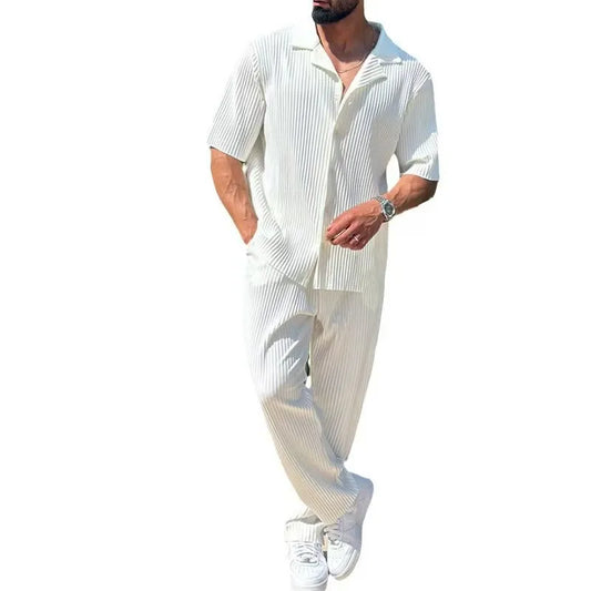 Men's 2025 Sportswear Set Solid Color Fashion Casual Short Sleeve Long Pants Two-Piece Suit Pure Color Leisure Sportswear.