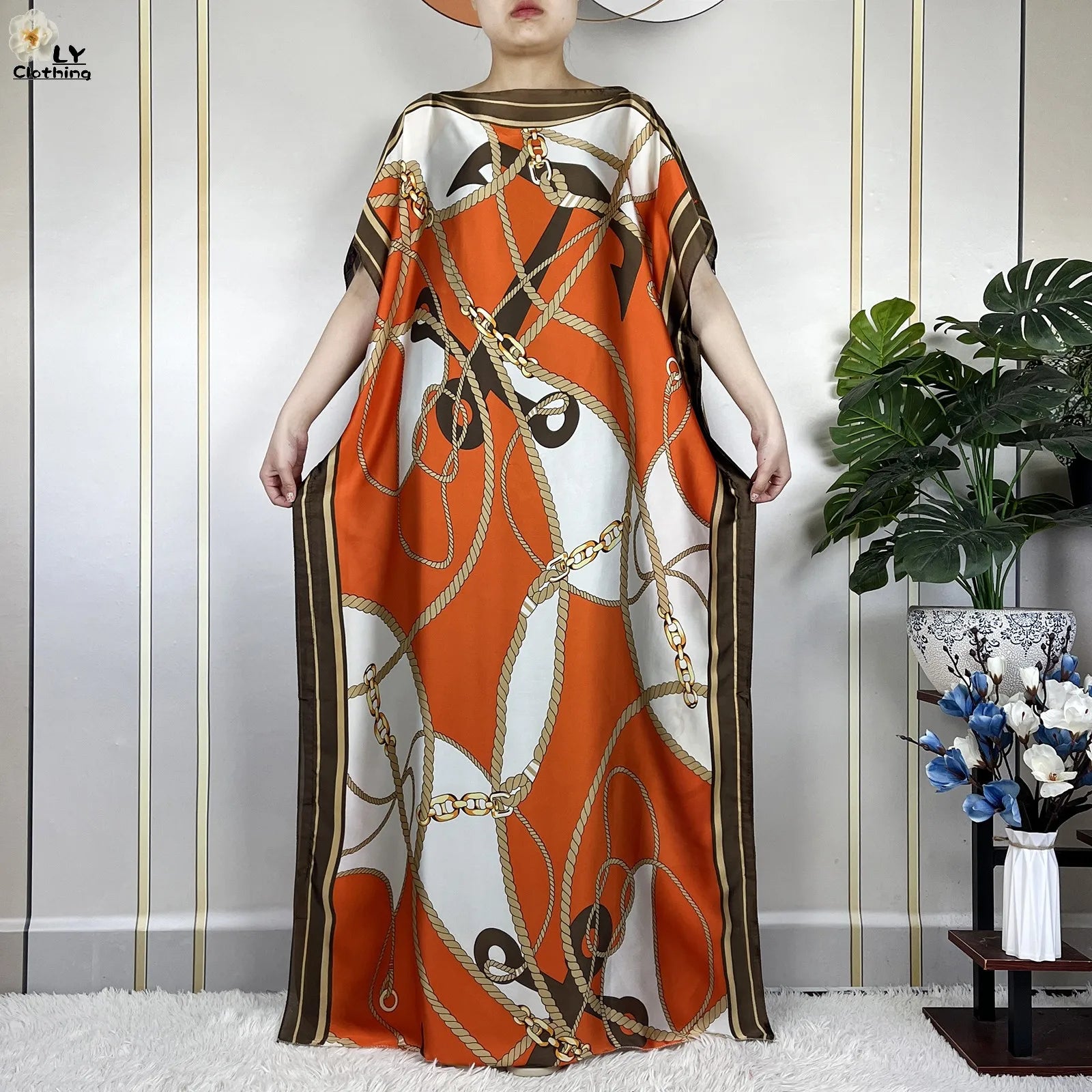2024 New Dubai Summer Fashion For Women Printed Silk Soft Loose Femme Robe African Islam Maxi Woman Casual Dresses With Turban.