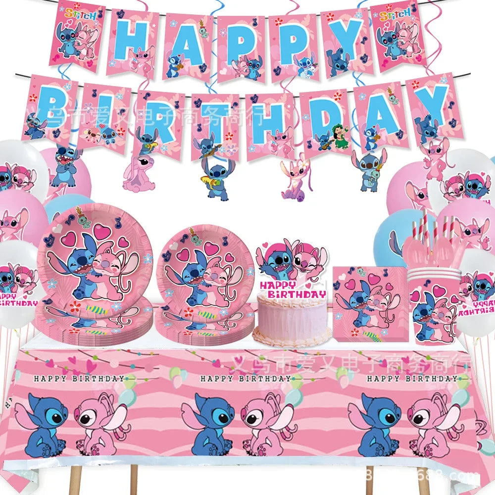 Disney Lilo und Stitch Party Dekoration Geschirr rosa Stitch alles Gute zum Geburtstag Party Thema liefert Ballon Hintergrund Tasse Teller.