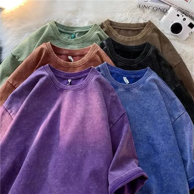American Style Retro Heavyweight Solid Color Short Sleeved T-shirt Men Women Summer Street Trendy Washed Old Oversized Clothes.
