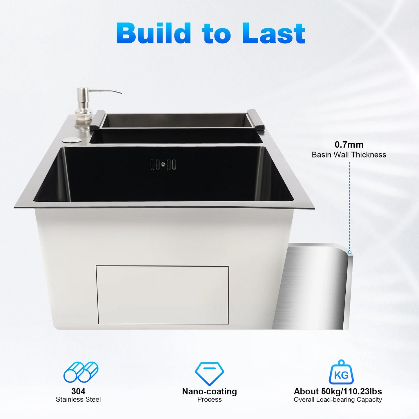 Edelstahlspüle, moderne Küchenspüle, Black Diamond 7843PB, Doppelspüle, Abfluss + Seifenspender zum Reinigen von Geschirr und Gemüse