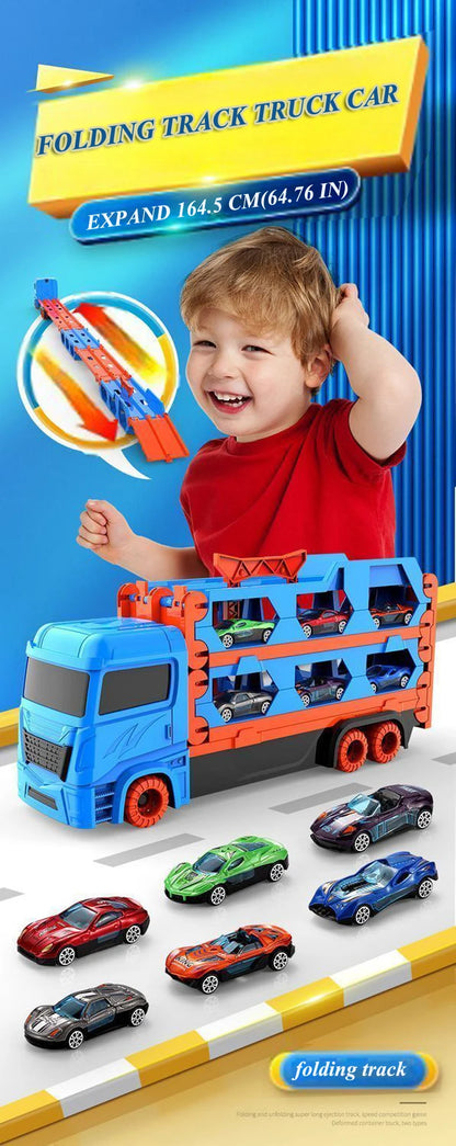 Large Car Transporter Truck Folding Track Racing Vehicle Kids Competitive Games Storage Alloy Car Boy Toy Children Novel Gift.