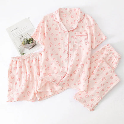Pajamas pure cotton three-piece set spring and summer thin crepe autumn gauze lapel short-sleeved trousers shorts loungewear set
