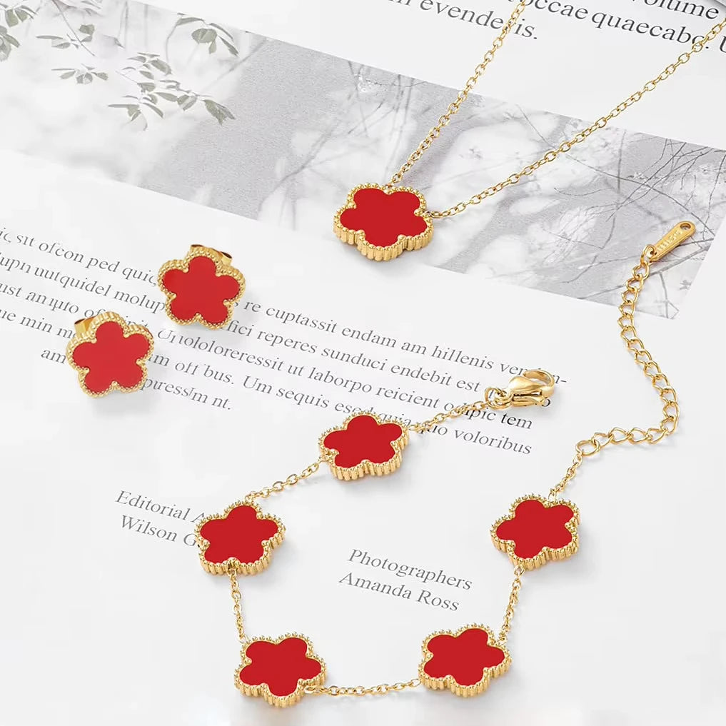 3Pcs Luxury Black Red Green White Plum Blossom Plant Five Leaf Flower Necklace Earrings Bracelet Jewelry Sets For Women.