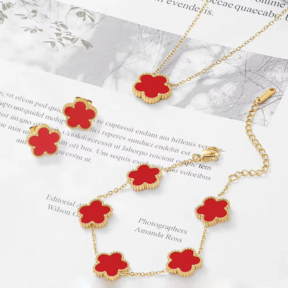 3Pcs Luxury Black Red Green White Plum Blossom Plant Five Leaf Flower Necklace Earrings Bracelet Jewelry Sets For Women.