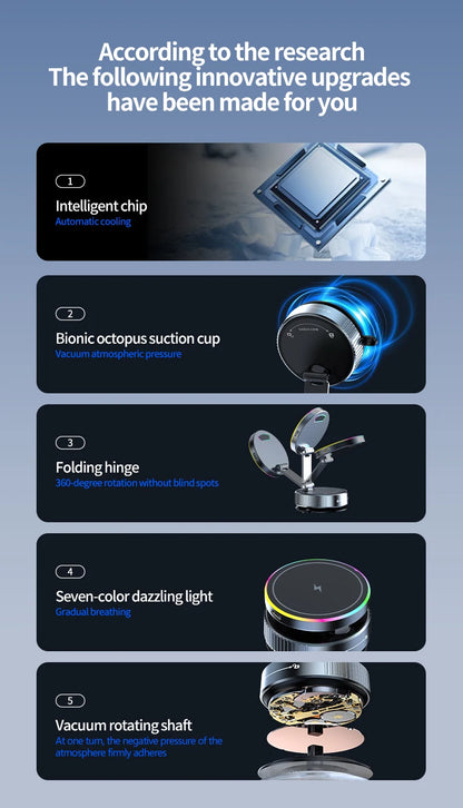 2025 New K3 Wireless Charger Car Phone Holder Colorful Light Vacuum Suction Cup Charging Can 360° Rotate Foldable Phone Holder.