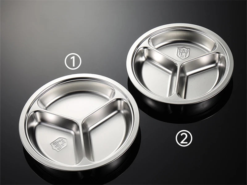 3 Grid Satinless Steel Food Plate Round School Kids Dish Trays Meal Sharing Dishes Set Service Table Student Main Dining Cutlery.