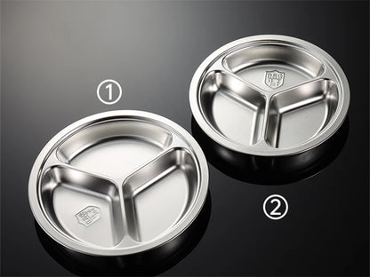 3 Grid Satinless Steel Food Plate Round School Kids Dish Trays Meal Sharing Dishes Set Service Table Student Main Dining Cutlery.