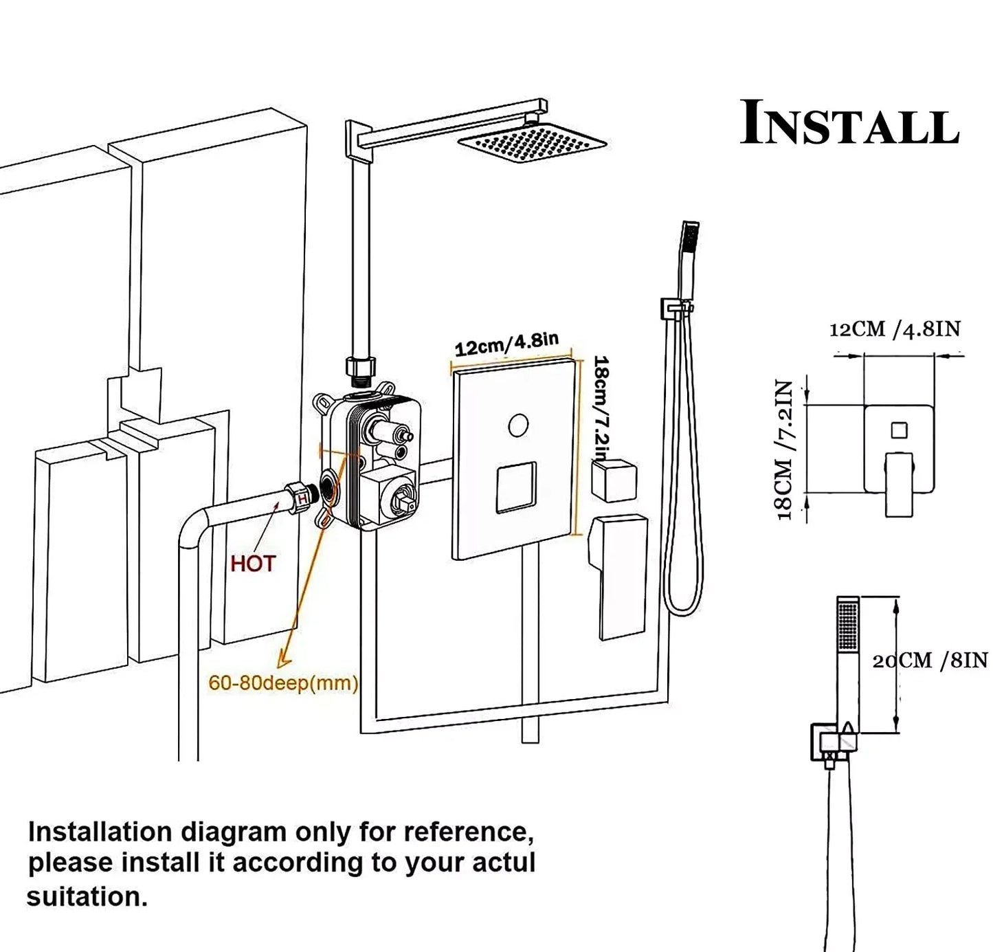 Matte Black Wall Mount Bathroom Shower Faucet 8/10/12/16 Inch Rainfall Mixed Hot Cold Water Mixer Bathtub Tap with Hand Sprayer