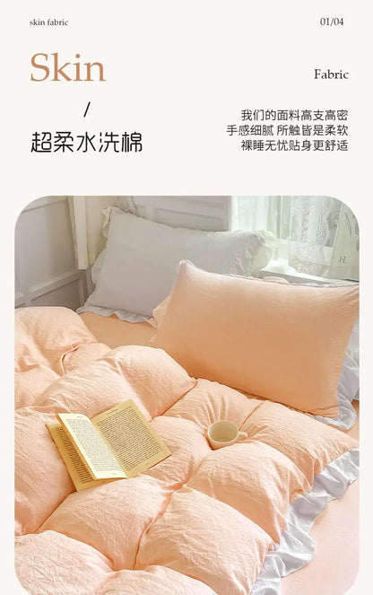 Korean Princess Style Duvet Cover Set No Filling Pink Blue Soft Washed Cotton Girls Favorite Ruffles Bed Linen Pillowcases.