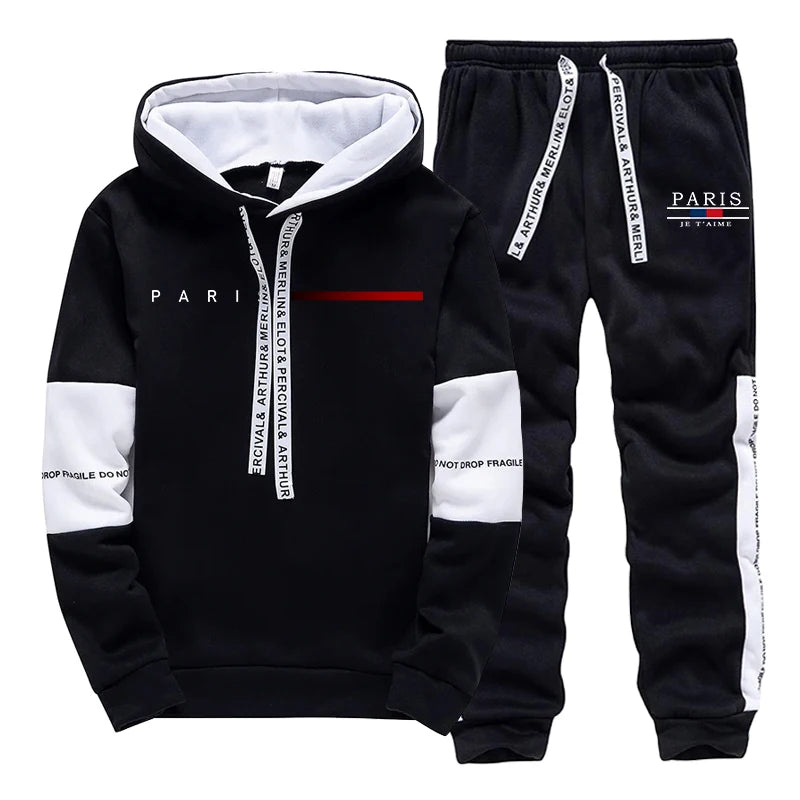 2025 Trendy Paris Print Hooded Tracksuit Men Winter Autumn Casual Jogging Outfit Athletic Sportswear Sweatpants Men's Clothes.