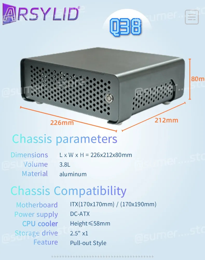 ARSYLID Q38 ITX Aluminum Chassis Pull-Out Style Mini Case 58mm CPU Radiator.