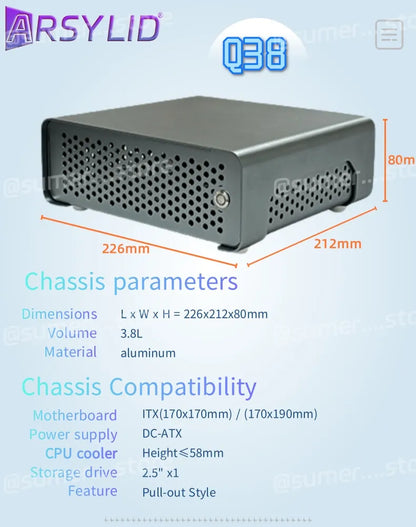 ARSYLID Q38 ITX Aluminum Chassis Pull-Out Style Mini Case 58mm CPU Radiator.