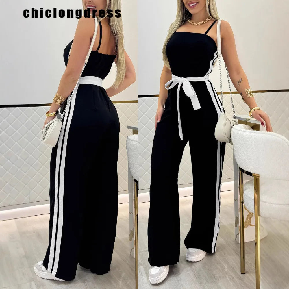Summer Fashion Striped Camisole Jumpsuit Women Casual Camisole Striped Printed Lace Up Wide Leg Jumpsuit Women.