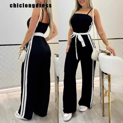 Summer Fashion Striped Camisole Jumpsuit Women Casual Camisole Striped Printed Lace Up Wide Leg Jumpsuit Women.