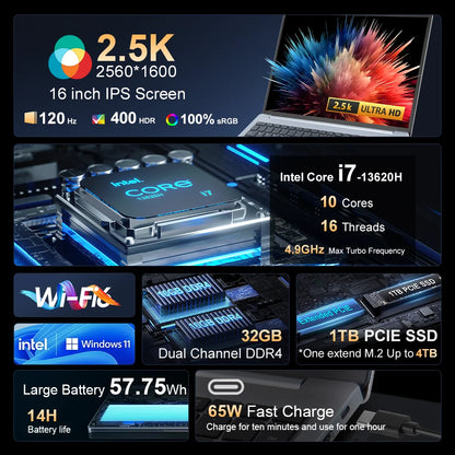 Laptop 16-inch 13th Gen Intel i7-13620H 32GB DDR4+1TB SSD 2.5K IPS 120Hz Face Unlock Notebook WiFi6 Gaming Computer.
