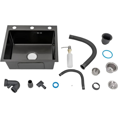 Stainless Steel Sink Kitchen Single Bowl Sink 50 x 45 cm Matte Black with Pipe & Soap Dispenser