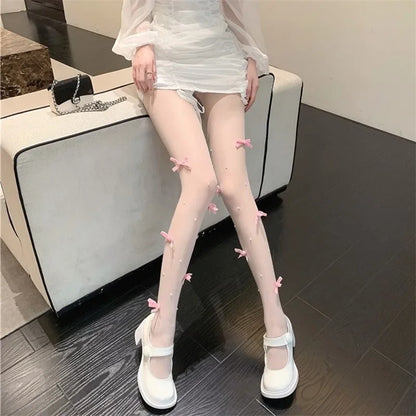 Sweet Pure Desire Butterfly Knot Stockings Pearl Pantyhose Women's Ultra Thin Any Cut Anti Snag Long Tube Socks