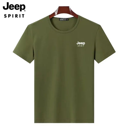 JEEP SPIRIT Mens T-shirt Summer 100%Cotton 230g Heavy Print Sports Breathable Round Neck Top Loose Solid Short Sleeve