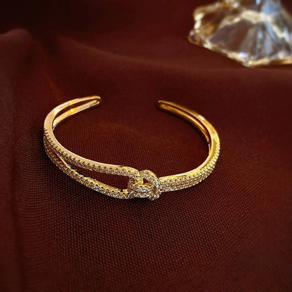 Exquisite Full Zircon Cuff Bracelets Gold Plating Copper Knot Opening Bracelet Minimalist Women's Bangle For Wedding Party.