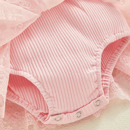 Visgogo Neugeborenen Baby Stram pler Kleid 2 Stück Outfits Mesh Spitze Patchwork Rüschen Bodysuit und Stirnband süße Sommerkleid ung