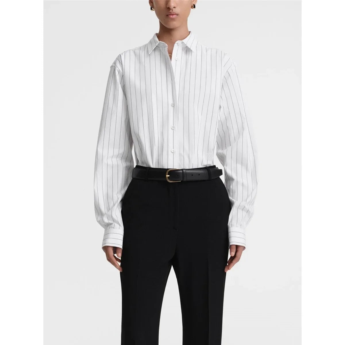 LUXURY Women's Vertical Striped Shirt, Short Front and Back, Short, Vertical Striped Shirt, Loose Long Sleeve, Commuter Style