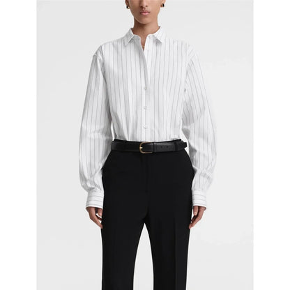 LUXURY Women's Vertical Striped Shirt, Short Front and Back, Short, Vertical Striped Shirt, Loose Long Sleeve, Commuter Style