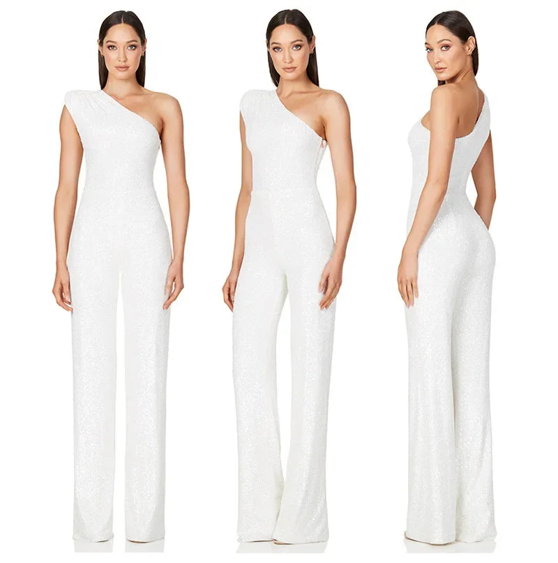 Women Elegant Long Jumpsuits Sexy Glitter Sequin Club Ladies Playsuits Slanted Collar Party Fashion Backless Solid Romper 2024.