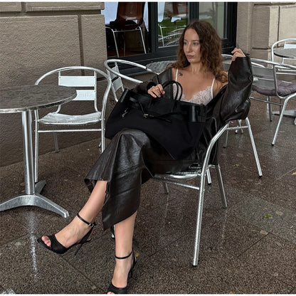 Chic Stand Collar Leather Long Skirt Sets Women Long Sleeve Jackets Spliced Solid Skirts 2025 Autumn Lady Y2k Outfits dress