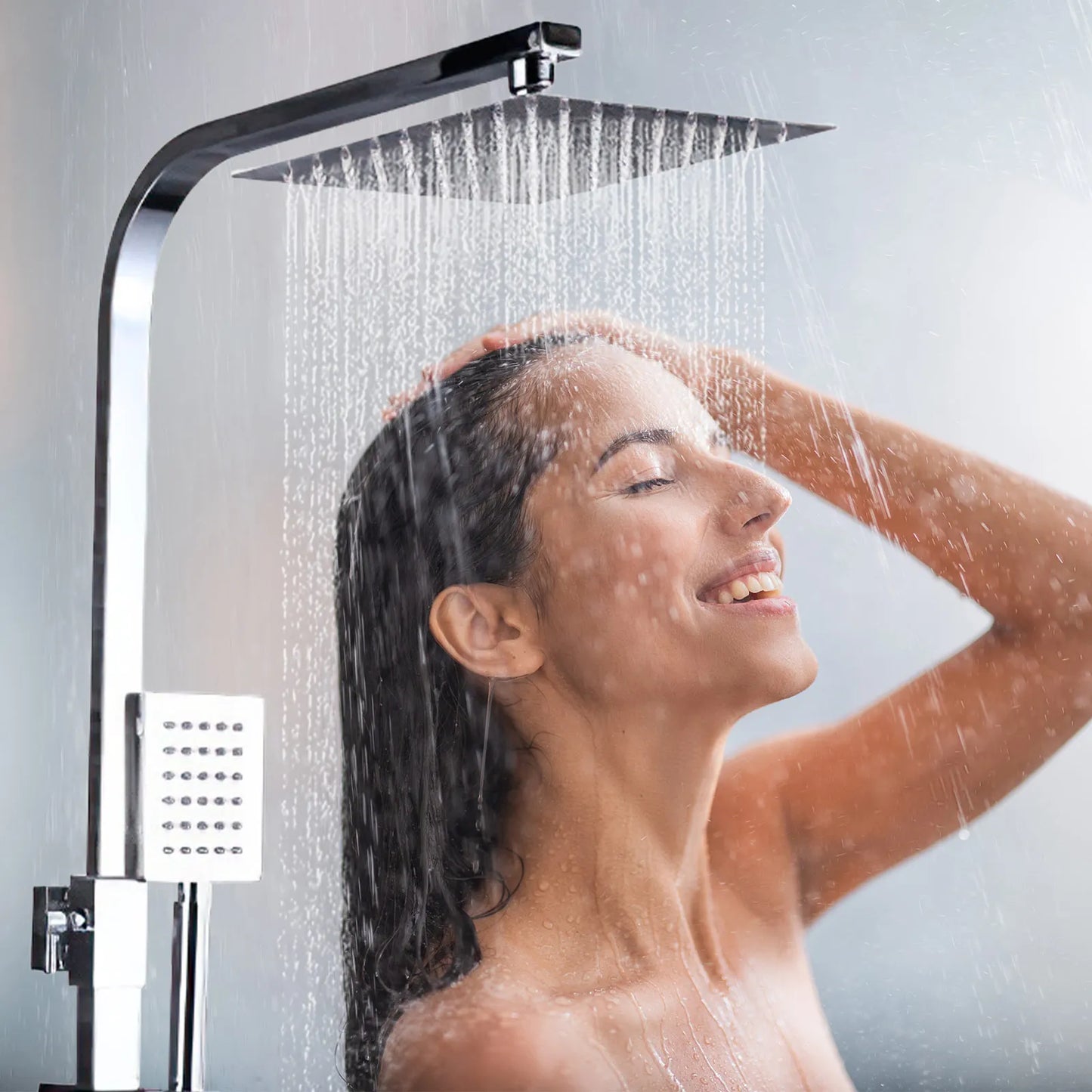 8 Inch Thermostatic Shower Set All Copper, Anti-Scald 38°C with Overhead & Handheld Sprayer, Adjustable Height for Bathroom