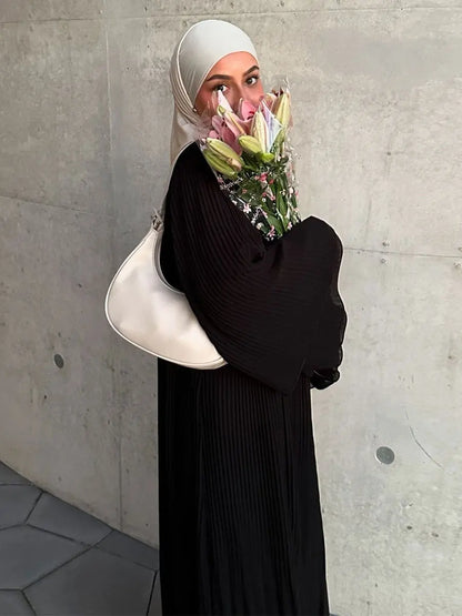 Siskakia Ramadan-Muslim Solid Wrinkle Dresses For Women's Dubai  Moroccan Petal Sleeve Abayas O-Neck Elegant Kebaya 2024.