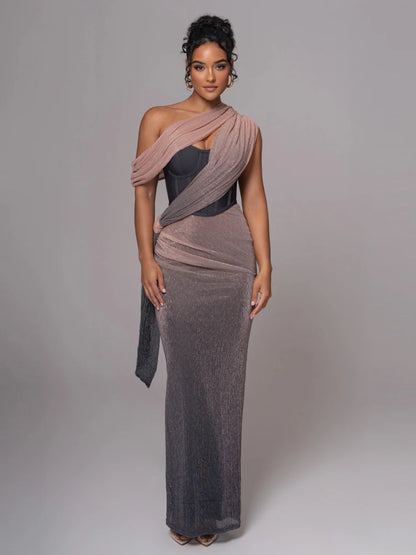 Sexy eine Schulter drapiert Glitzer langes Kleid Frauen braun Korsett funkelnd rücken frei figur betonte Maxi kleider Abend party Kleider