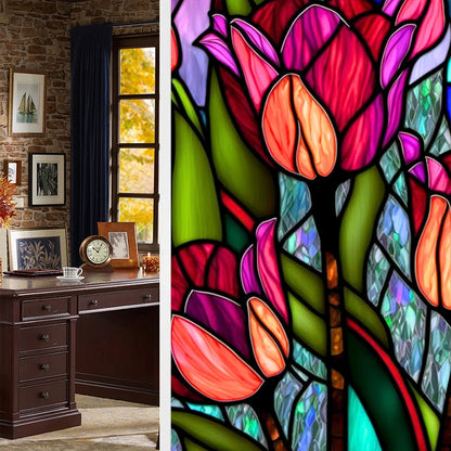 Colorful Retro Flower Bird Window Film PVC Electrostatic Glass Stickers Stained Window Films Static Cling Frosted Glass Film.