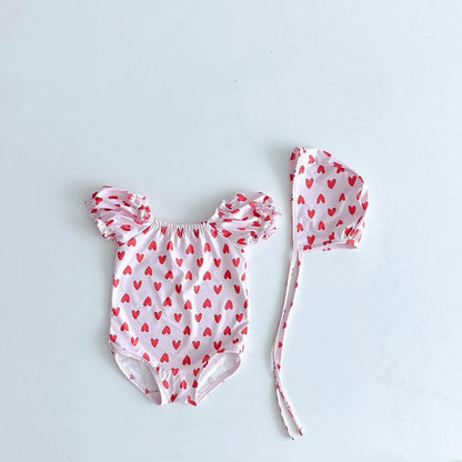 2025, Sommer Baby Badeanzug Koreanischen Stil INS Gedruckt Infant Ein Stück Overall Kleinkind Mädchen Schwimmen Body Mit Hut