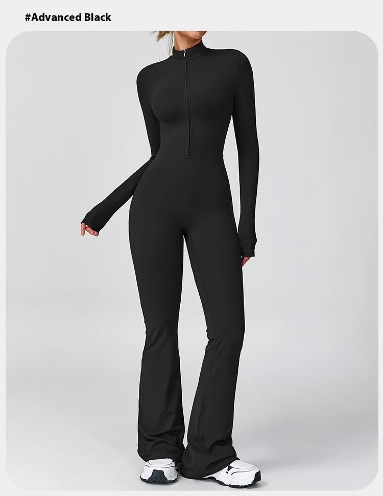 Women's One-piece Yoga Jumpsuit Long Sleeve Zipper Slim Fit Sports Outfit Flare Tights Quick-drying Hip Lift Gym Fitness Clothes.