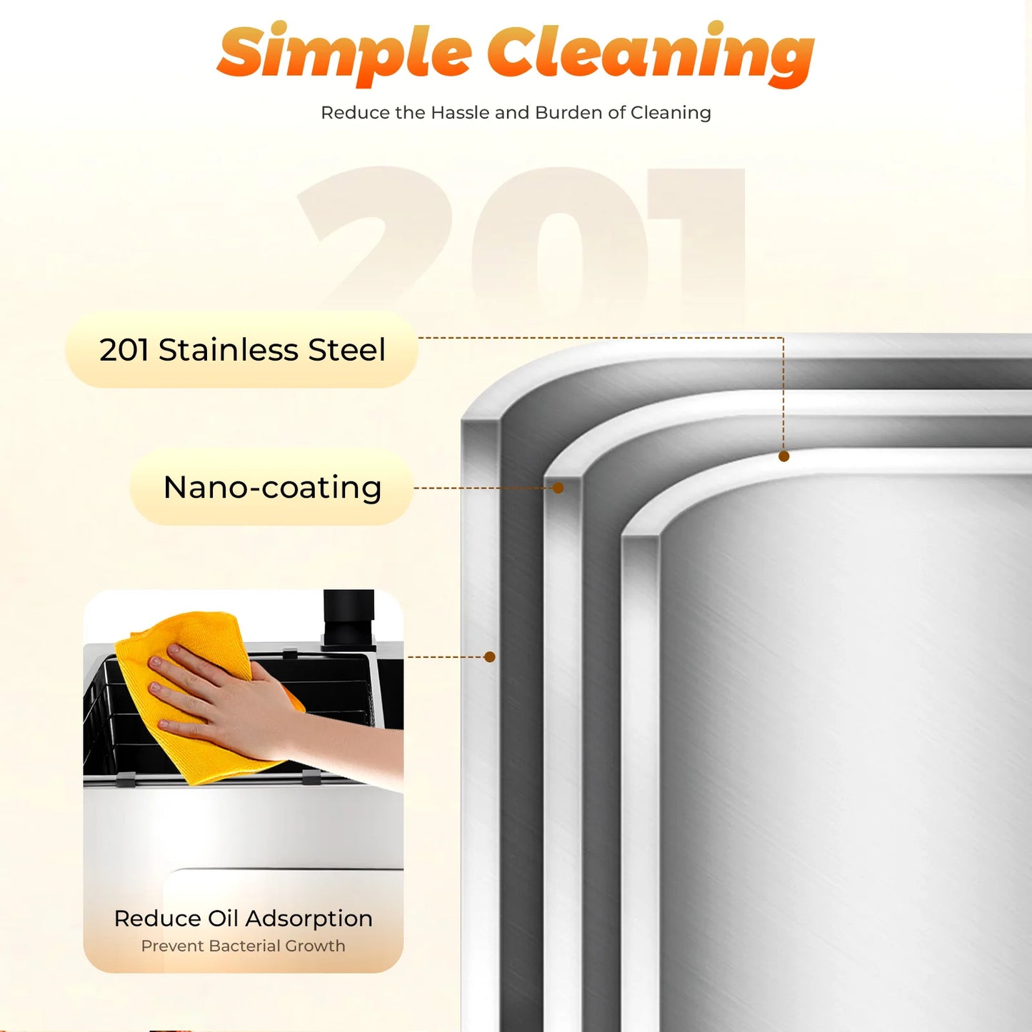 Hochwertiges Küchenspülbecken-Komplettset, 45 x 40 x 20 cm, langlebiges, großes Fassungsvermögen-Reinigungsspüle aus Edelstahl 201, schwarze Spüle mit einer einzigen Schüssel