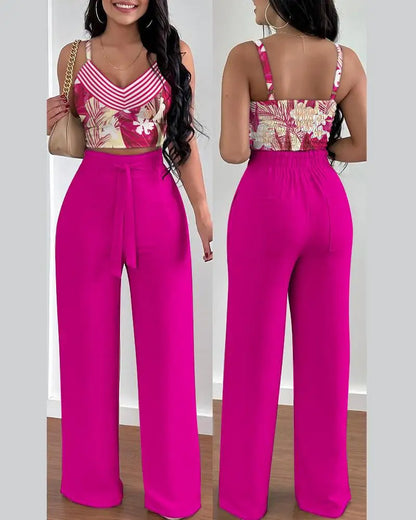 Women Fashion Print Halter V-Neck Short Tank Suit Tops Long Pants Matching Set Summer Casual Female Slim Pants Two Piece Sets