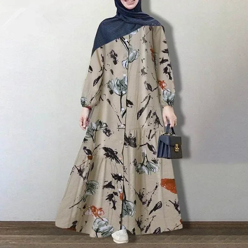 Muslim Women Abayat Cotton Linen Long Sleeve Abaya Femme Fashion Loose Casual Floral  Dress Europe America Middle East Arab.